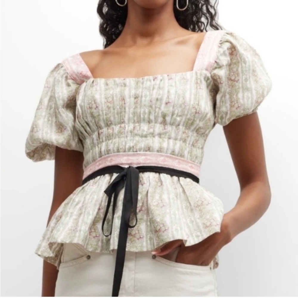 NWT Lug Von Siga Monica Linen Top Blouse in Light Green w Pink print Size XS